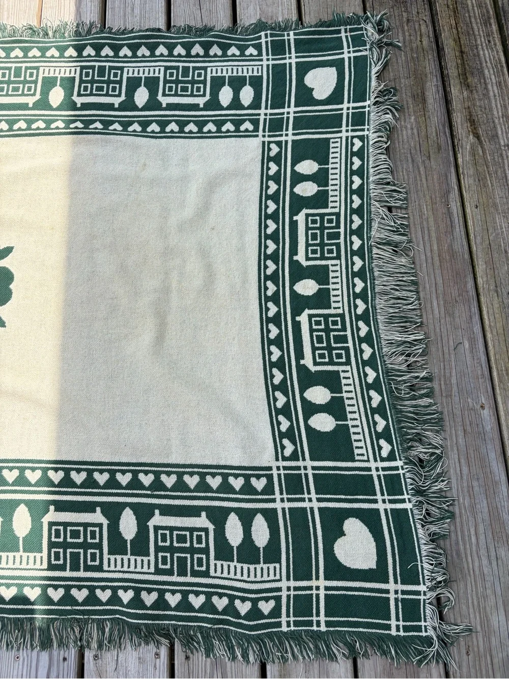 Vintage Green Cream Woven Throw Blanket Cottage Houses Hearts Fringe Farmhouse